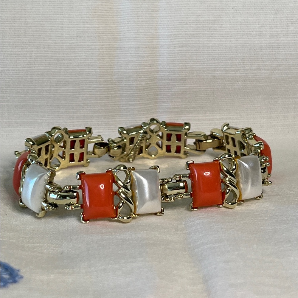 Vintage Marboux Gold Plated Coral & Faux Pearl Link Bracelet